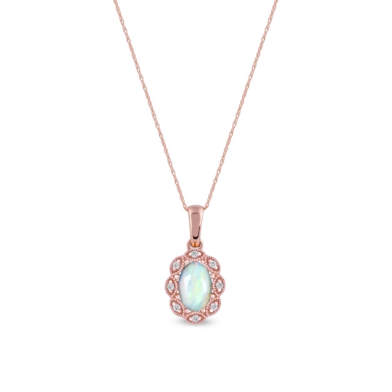 Oval Opal and Diamond Accent Scallop Frame Art Deco Pendant in 10K