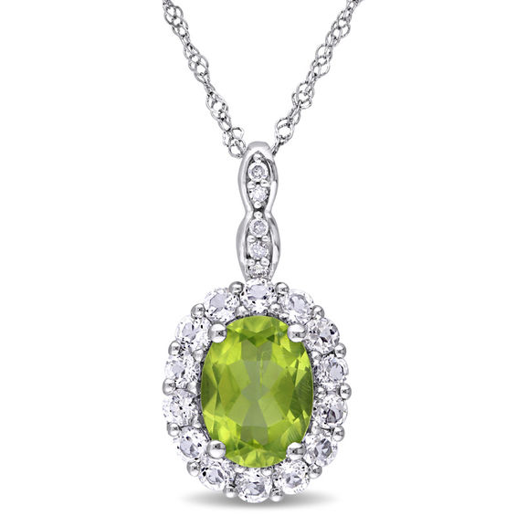 Oval Peridot, White Topaz and Diamond Accent Frame Pendant in 14K
