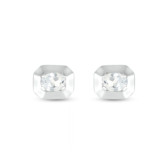 Oval White Lab-Created Sapphire Solitaire Octagonal Frame Stud