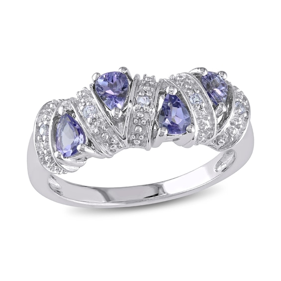 Pear-Shaped and Round Tanzanite Four Stone Ribbon Alternating Ring in