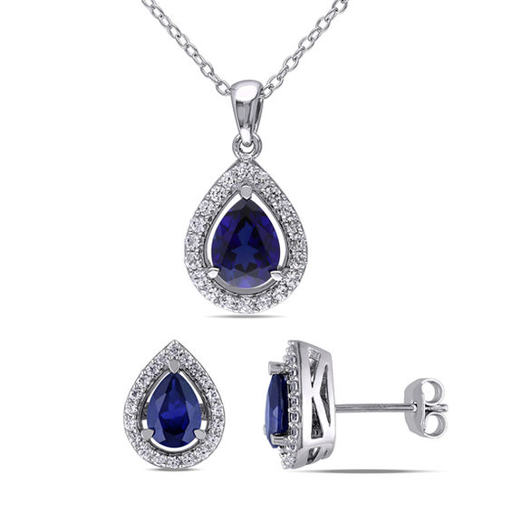 Pear-Shaped Blue and White Lab-Created Sapphire Frame Pendant and Stud