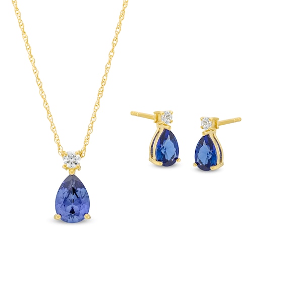 Pear-Shaped Blue and White Lab-Created Sapphire Pendant and Stud