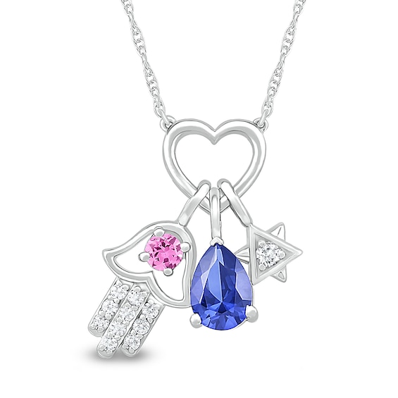 Pear-Shaped Blue, Pink, and White Lab-Created Sapphire Hamsa and Star