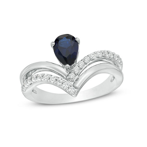 Pear-Shaped Lab-Created Blue and White Sapphire Double Row Chevron