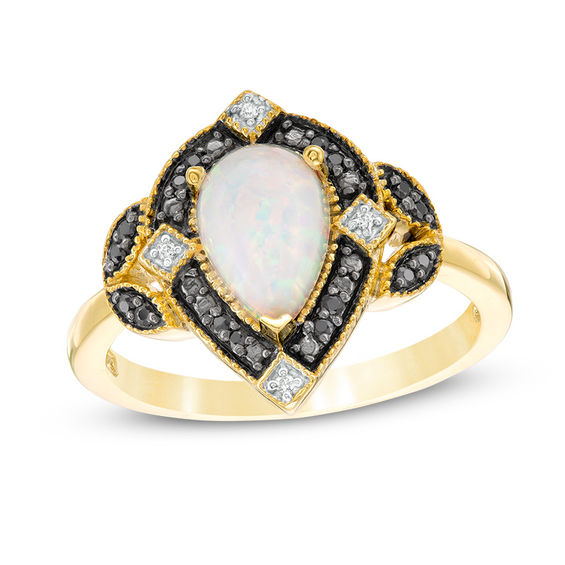 Pear-Shaped Lab-Created Opal and 0.085 CT. T.w. Enhanced Black and