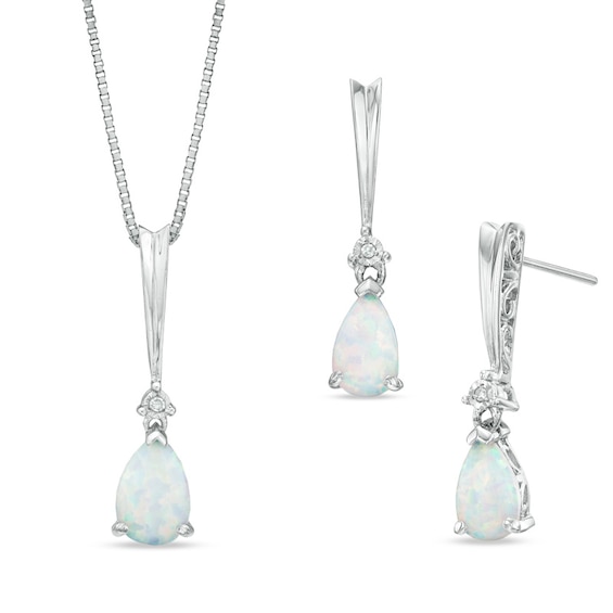 Pear-Shaped Lab-Created Opal and Diamond Accent Pendant and Earrings