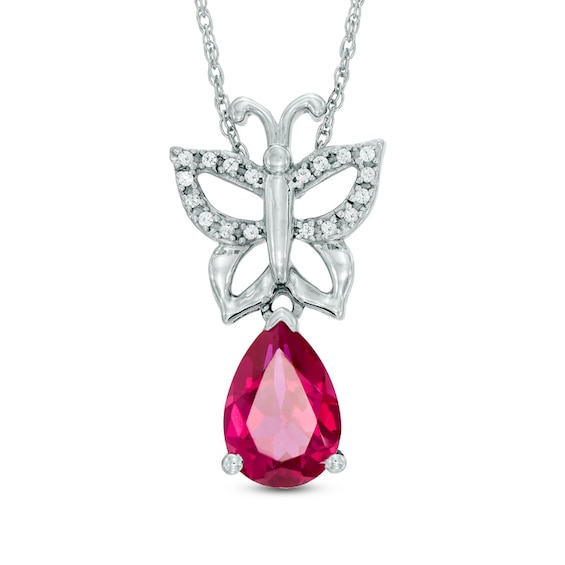 Pear-Shaped Lab-Created Ruby and Diamond Accent Butterfly Pendant in