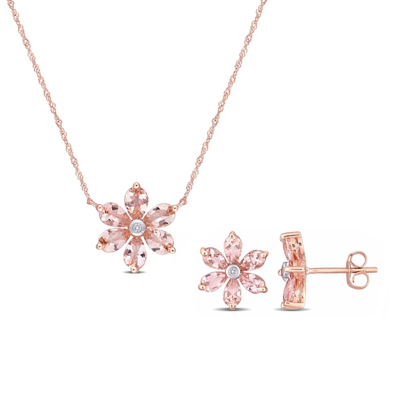 Pear-Shaped Morganite and 0.04 CT. T.w. Diamond Flower Necklace and