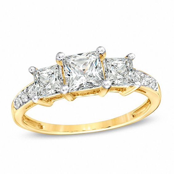 Princess-Cut White Lab-Created Sapphire Three Stone Ring in 10K Gold