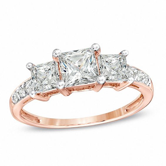 Princess-Cut White Lab-Created Sapphire Three Stone Ring in 10K Rose