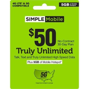 Simple Mobile - $50 Unlimited High Speed Data, Talk & Text 30-Day Plan (Email Delivery) [Digital]