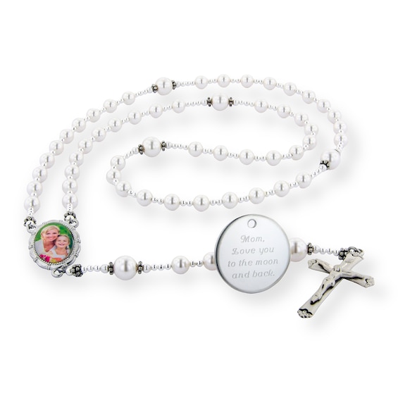Simulated Pearl and Polished Bead Rosary with Photo and Engravable