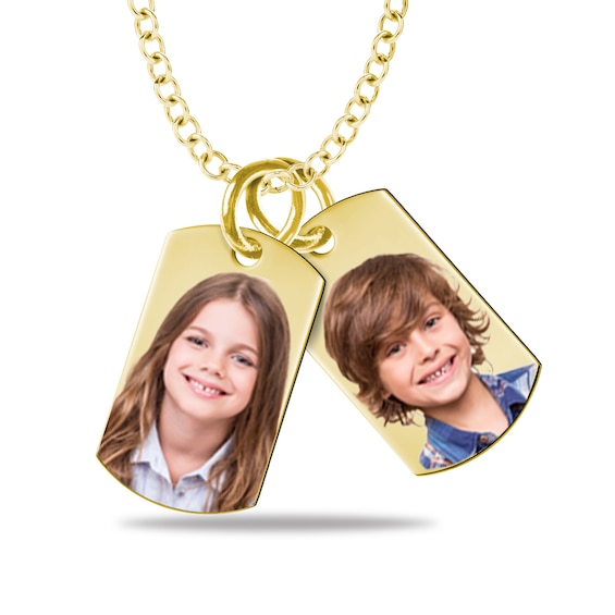 Small Engravable Photo Dog Tag Duo Pendant in 10K White, Yellow or