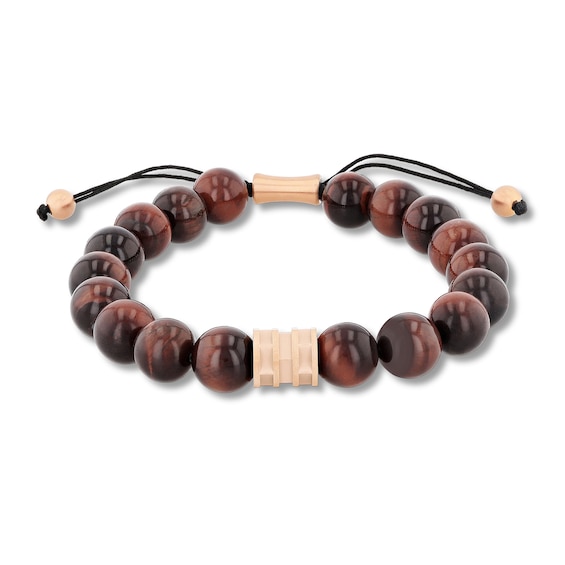 Tiger's Eye and Rose Ion-Plated Stainless Steel Beaded Bolo Bracelet -