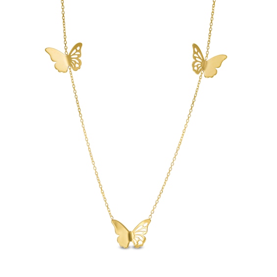 Triple Butterfly Station Necklace in 14K Gold