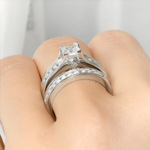 Womens Silver 1.5 Carat Princess Cut Wedding Ring Set w/ Matching Band Size 5-9