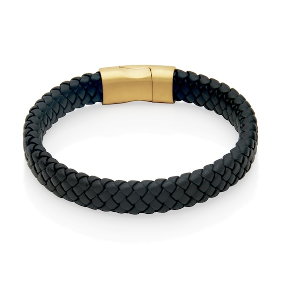 Woven Black Leather Bracelet with Yellow IP Stainless Steel Clasp -