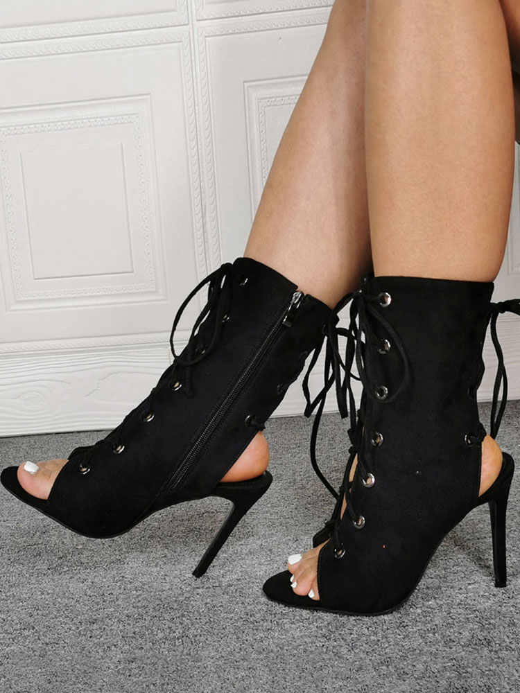 Brown Sandal Booties High Heel Peep Toe US 4-US13 Lace Up Nubuck Ankle Boots For Women