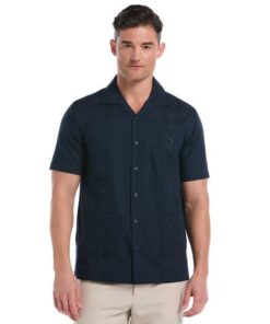 Cubavera Men’s Authentic Embroidered Guayabera Short Sleeve Shirt in Dress Blues Green, Size Medium, Polyester Blend