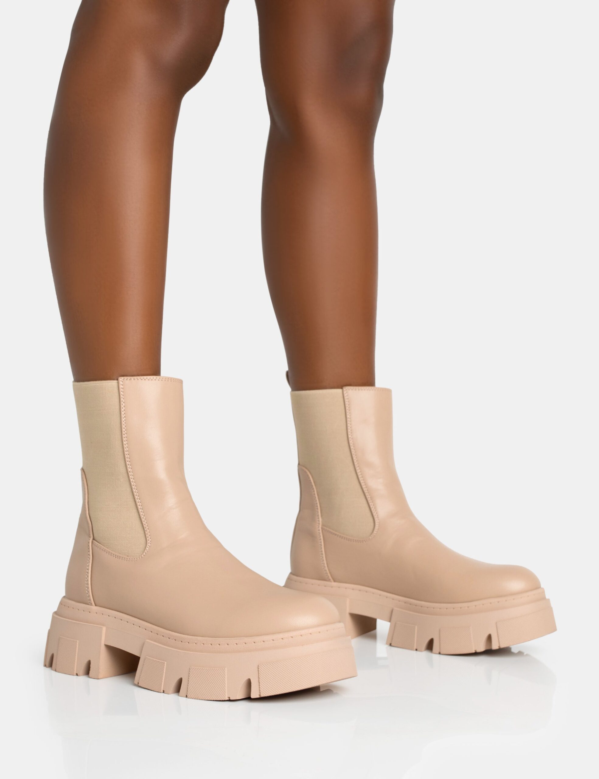 Edgy Taupe Pu Elasticated Ankle Rounded Chunky Sole Ankle Boots  TopNetMart Edgy Taupe Pu Elasticated Ankle Rounded Chunky Sole Ankle Boots