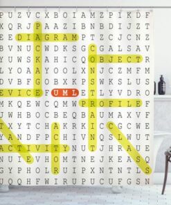 George Oliver Word Search Game Shower Curtain UML Keywords Black Yellow Orange