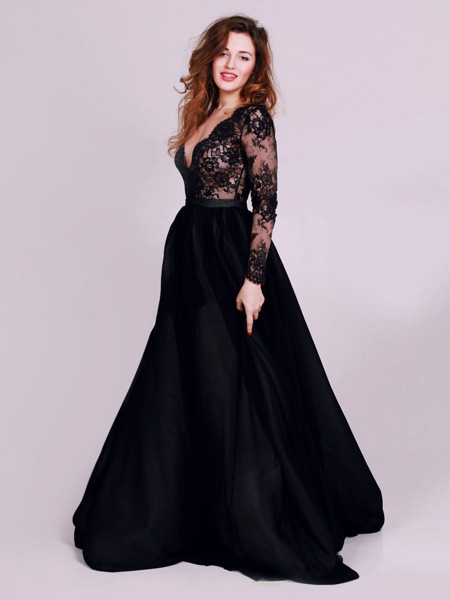 Gothic Black Wedding Dresses ALine Designed Neckline Long Sleeves Tulle Lace Sweep Bridal Gown Free Customization  TopNetMart Gothic Black Wedding Dresses A Line Designed Neckline Long Sleeves Tulle Lace Sweep Bridal Gown Free Customization