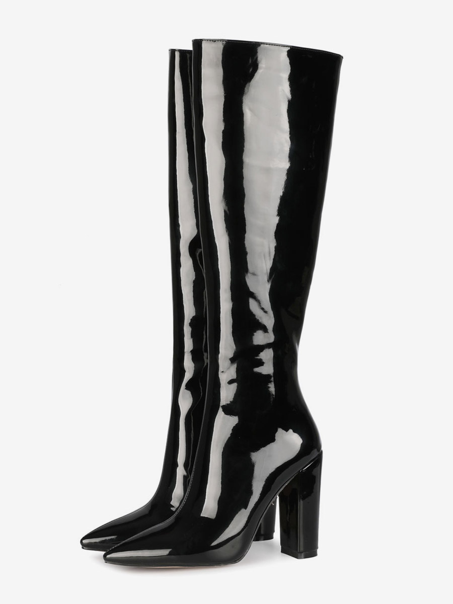 Knee-High Boots Leather Black Pointed Toe Bright Leather Chunky Heel Knee Length Boots For Women