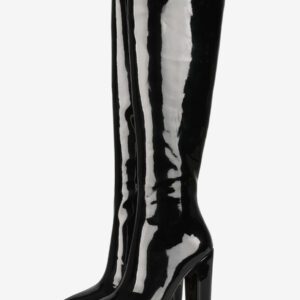 Knee-High Boots Leather Black Pointed Toe Bright Leather Chunky Heel Knee Length Boots For Women Knee-High Boots Leather Black Pointed Toe Bright Leather Chunky Heel Knee Length Boots For Women