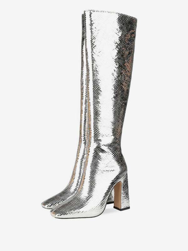 KneeHigh Boots Silver Square Toe Snake Print Chunky Heel Bright Leather Women Knee Length High Heel Boots  TopNetMart Knee High Boots Silver Square Toe Snake Print Chunky Heel Bright Leather Women Knee Length High Heel Boots