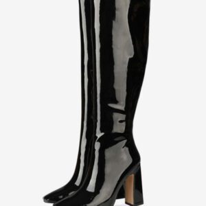 Knee-High Gogo Boots Leather Black Square Toe Chunky Heel High Heel Knee Length Boots For Women Knee-High Gogo Boots Leather Black Square Toe Chunky Heel High Heel Knee Length Boots For Women