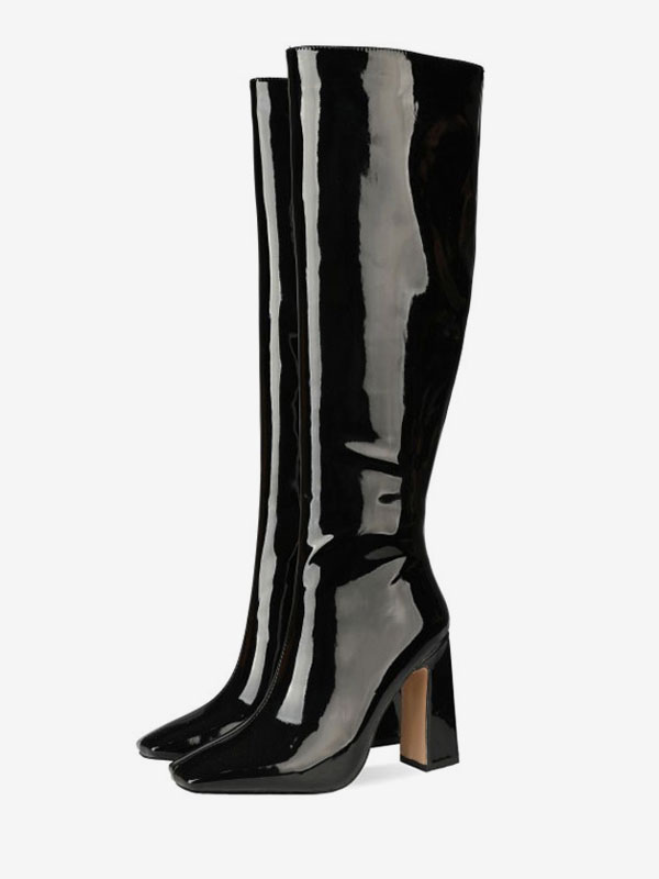 Knee-High Gogo Boots Leather Black Square Toe Chunky Heel High Heel Knee Length Boots For Women