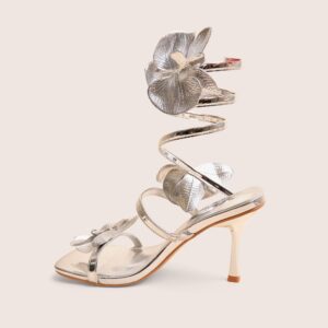 Lotus Silver Mirror & Silver Flower Trim Wrap Around Flared Stiletto High Heels