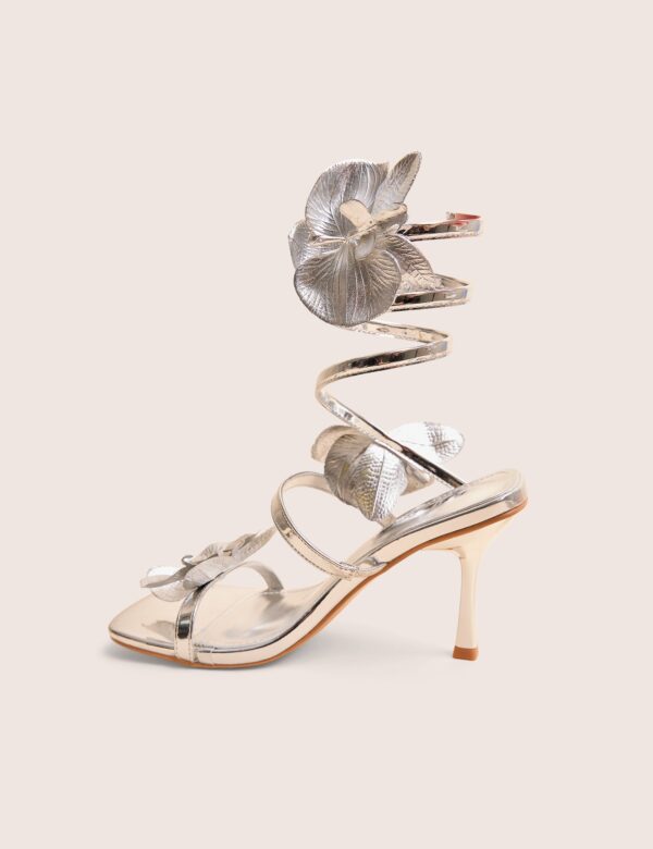Lotus Silver Mirror  Silver Flower Trim Wrap Around Flared Stiletto High Heels