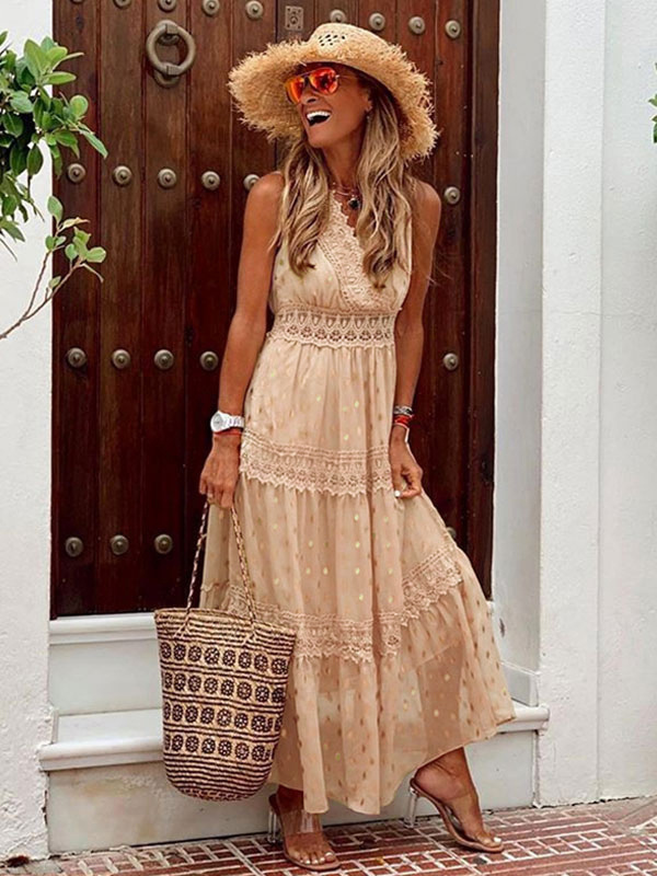 Maxi Dresses Apricot Sleeveless V-Neck Floor Length Summer Dress Boho Dress