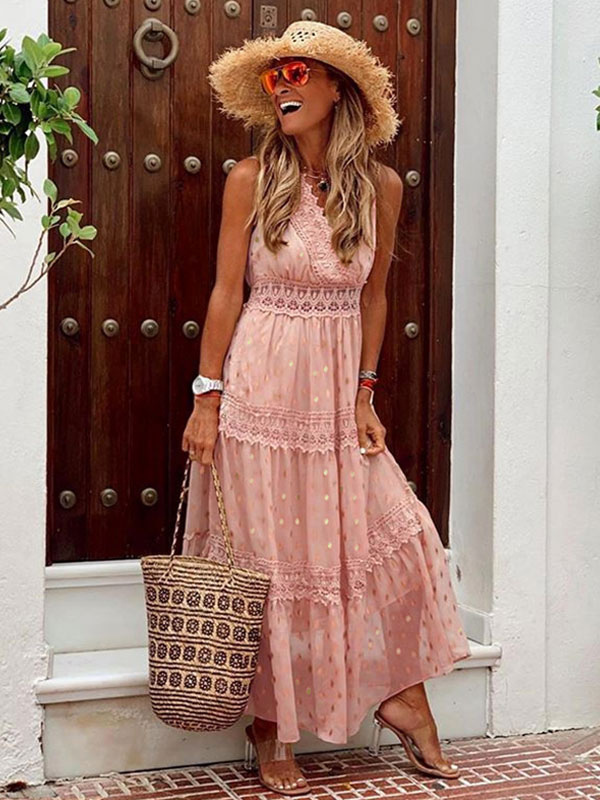 Maxi Dresses Apricot Sleeveless V-Neck Floor Length Summer Dress Boho Dress