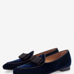 Men Belgian Loafer Party Shoes Velvet Round Toe Bow Slip On Loafers Deep Blue Prom Shoes Men Belgian Loafer Party Shoes Velvet Round Toe Bow Slip On Loafers Deep Blue Prom Shoes