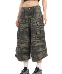 Mens Camo Cargo Shorts Y2k Baggy Long Jorts Hip Hop Bermuda Jeans Short Camouflage Shorts for Women Amry Green Medium