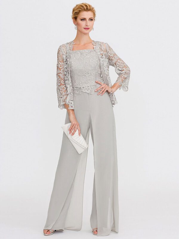 Mother Gowns Of The Bride Bateau Neck Long Sleeves A Line Lace Light Grey Guest Pants With Sash Three Piece For Wedding Free Customization