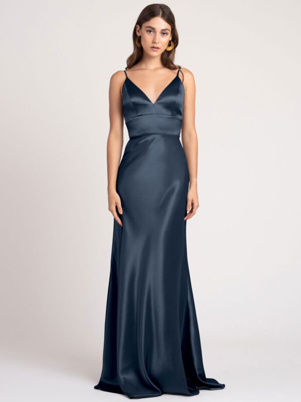 Navy Blue Evening A Line V Neck Floor Length Sleeveless Backless Matte Satin Formal Party Bridesmaid Wedding Guest Dresses Free Customization