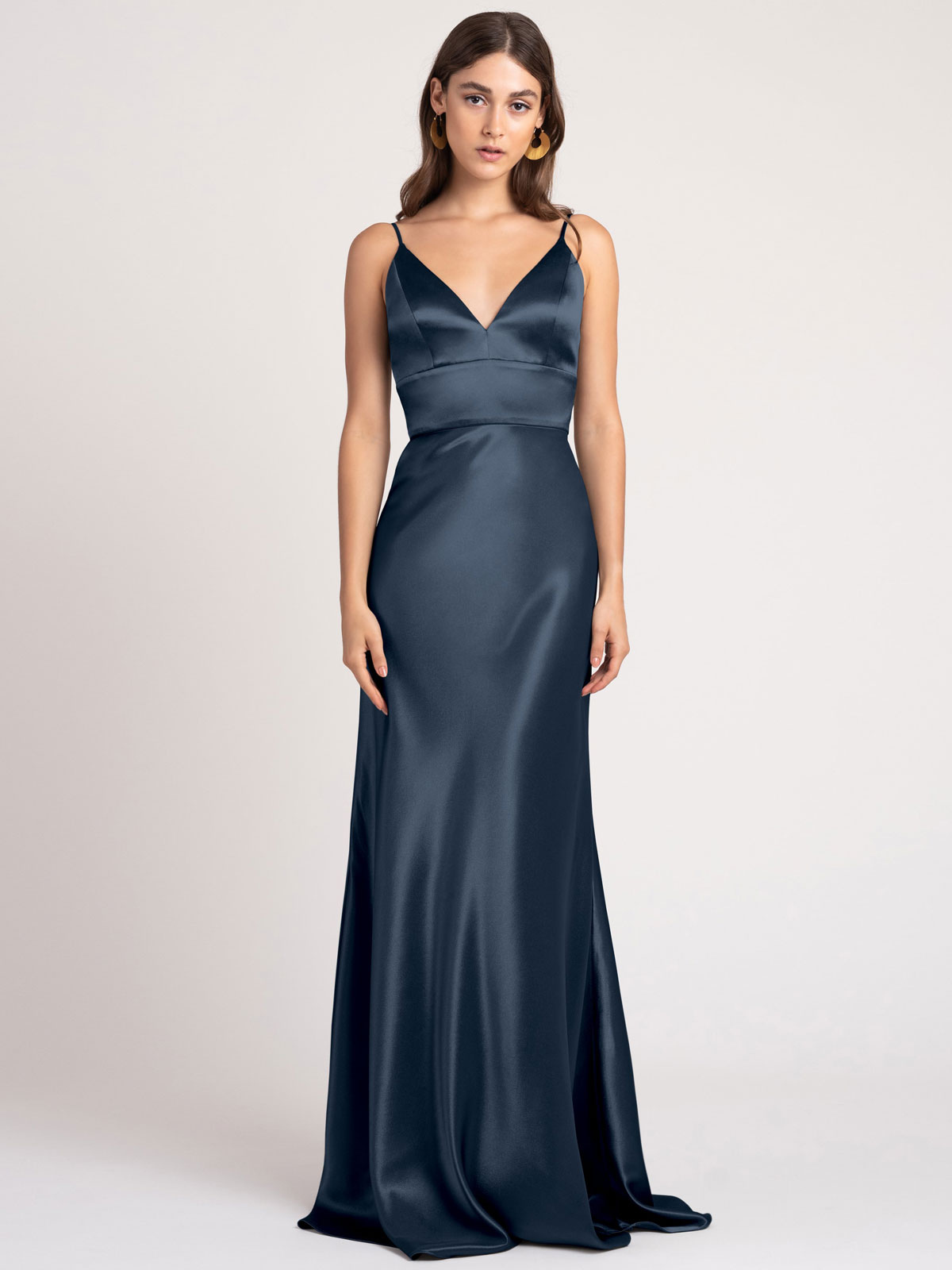 Navy Blue Evening A-Line V-Neck Floor-Length Sleeveless Backless Matte Satin Formal Party Bridesmaid Wedding Guest Dresses Free Customization