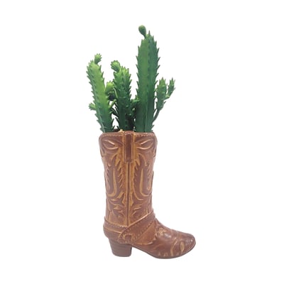 ONLINE 725 Artificial Cactus Succulent in Brown Ceramic Cowboy Boot Planter  TopNetMart ONLINE 725 Artificial Cactus Succulent in Brown Ceramic Cowboy Boot Planter