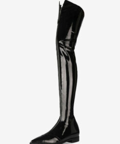 Over The Knee Boots Black Pointed Toe Bright Leather Front Zip Up Winter Boots Women Thigh High Boots