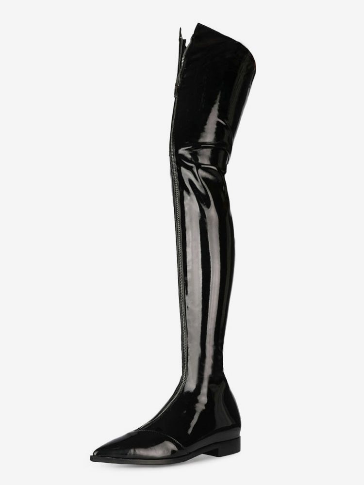 Over The Knee Boots Black Pointed Toe Bright Leather Front Zip Up Winter Boots Women Thigh High Boots  TopNetMart Over The Knee Boots Black Pointed Toe Bright Leather Front Zip Up Winter Boots Women Thigh High Boots
