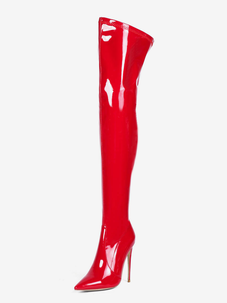 Over The Knee Boots Leather Black Pointed Toe Stiletto Heel Bright Leather Thigh High Boots