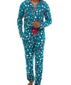 PAJAMARAMA Men’s Holiday Lights Long Sleeve Notch Pajama Set, Teal, Small