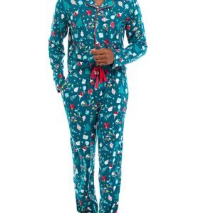 PAJAMARAMA Men’s Holiday Lights Long Sleeve Notch Pajama Set, Teal, Small