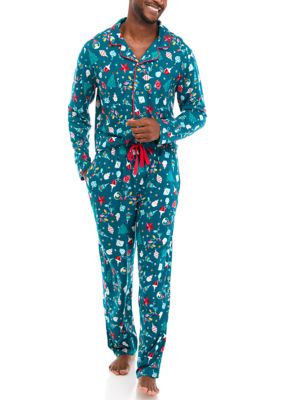 PAJAMARAMA Mens Holiday Lights Long Sleeve Notch Pajama Set Teal Small  TopNetMart PAJAMARAMA Mens Holiday Lights Long Sleeve Notch Pajama Set Teal Small