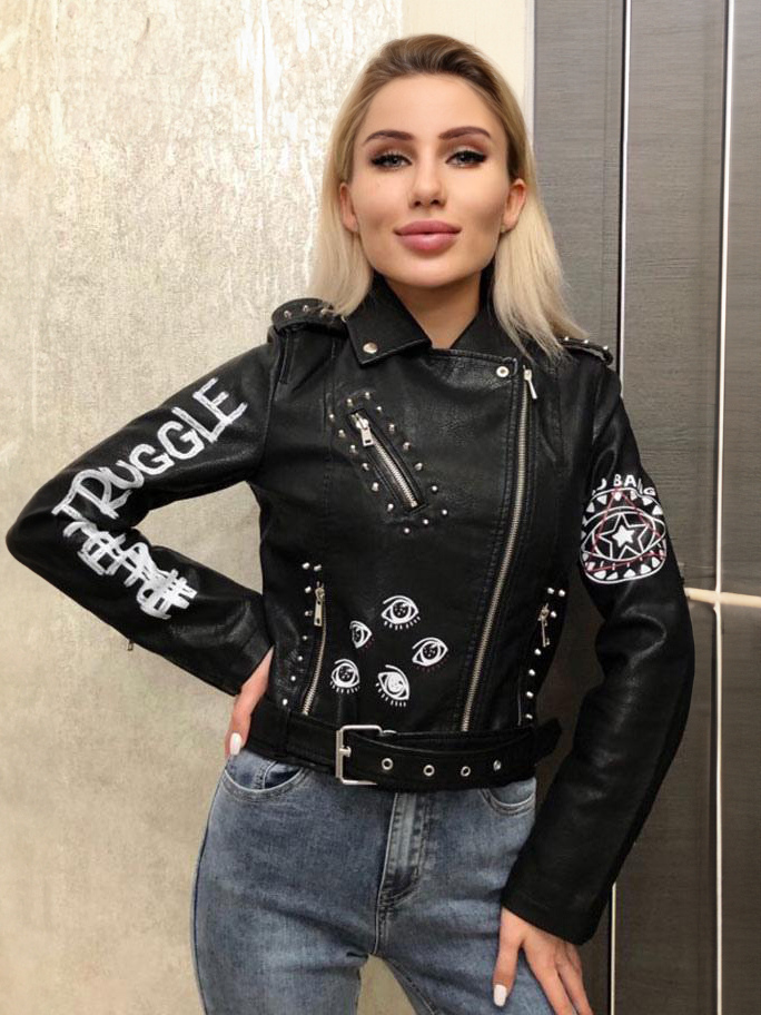 Pu Leather Motorcycle Jacket Turndown Collar Black Spring Outerwear