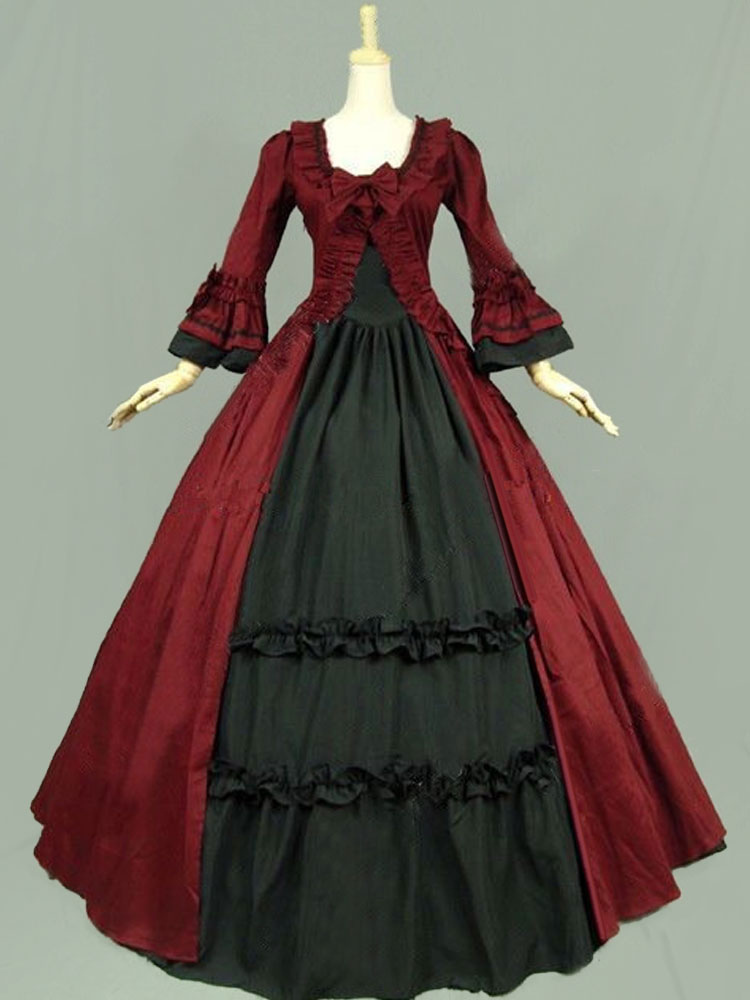Victorian Retro Tudor Dress Costumes Women's Rococo Retro Tudor Dress Costumes Ruffles Bow Marie Antoinette Victorian Era Style Clothing Costume Vintage Clothing Burgundy