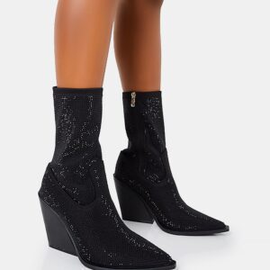 Wild One Black Diamante Western Cowboy Pointed Block Heel Ankle Boots